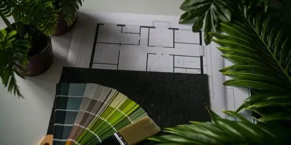 Floor plan, paint swatches, and a brush lay on a surface, ready for your next remodel.