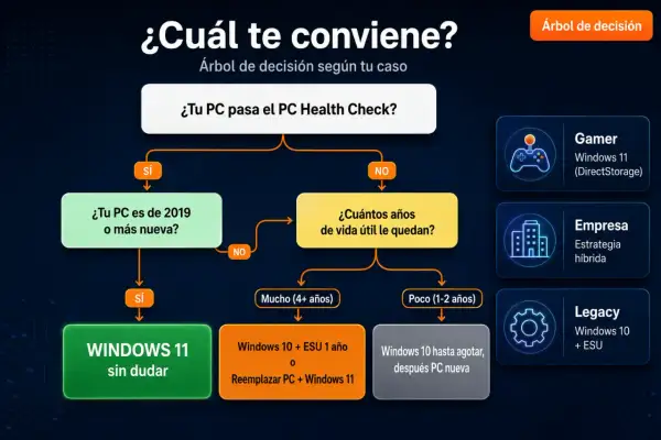 Árbol de decisión para saber qué es mejor Windows 10 o 11. Si tu PC pasa el Health Check y es nuevo, instala Windows 11.