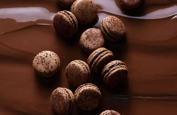 Douze macarons au chocolat, parsemés de cacao, reposent sur un lit de chocolat fondu brillant.