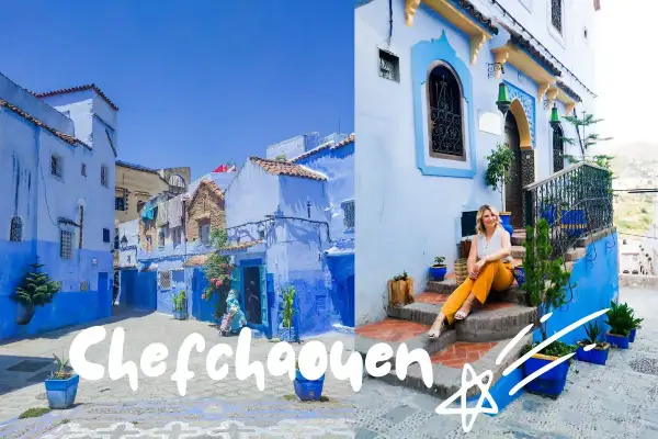 Urokliwe miasto w Maroku, Chefchaouen, zachwyca błękitem uliczek i domów. Kobieta siedzi na schodach, ciesząc się atmosferą.