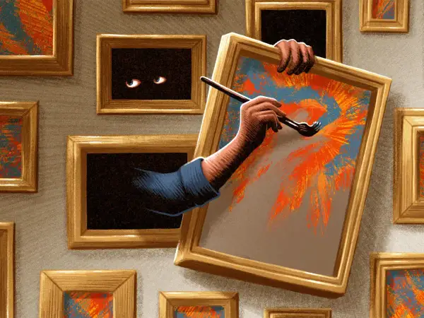 A shadowy figure with glowing eyes paints a vibrant canvas in a surreal art district.