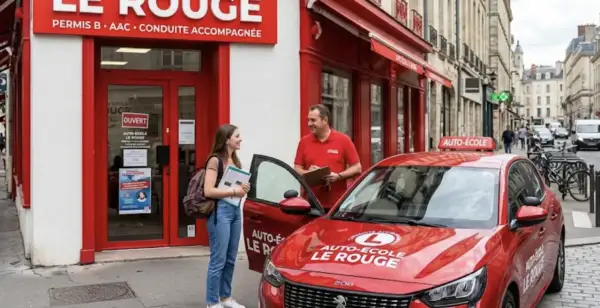 Un moniteur d'auto-école discute avec une élève devant le bureau "Le Rouge". Elle tient des documents, prêt pour le transfert de dossier auto école.