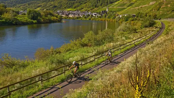 Zwei Radfahrer genießen die idyllischen radwanderwege deutschland entlang eines Flusses mit Weinbergen und einem Dorf im Hintergrund.