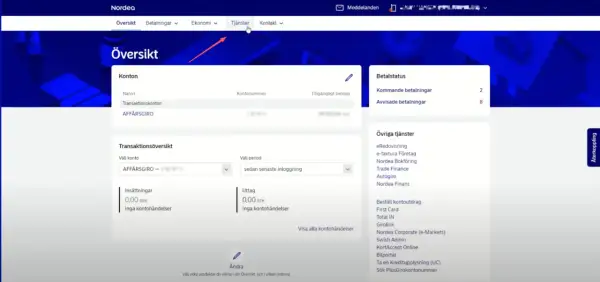 Nordea-översikt med konton, betalstatus och tjänster. Här kan du söka PlusGirokontonummer, som är en del av nordeas clearingnummer.