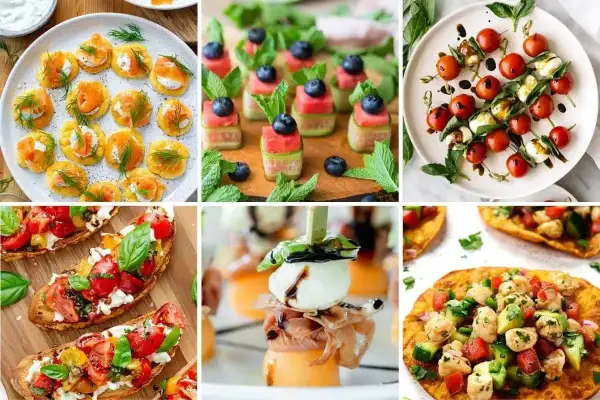 Kolorowe przekąski na grilla: mini tartinki z łososiem, szaszłyki z arbuza i borówek, caprese na patyczkach, bruschetta, melon z mozzarellą i prosciutto, quesadillas z kurczakiem.