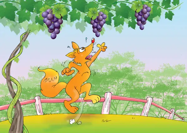 La zorra intenta alcanzar las uvas, pero están demasiado altas.