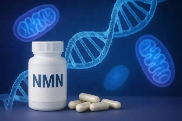 Biała butelka z napisem NMN, kapsułki, DNA i mitochondria. NMN co to? Suplement wspierający komórki.