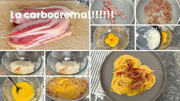 Passaggi per come fare una buona carbonara: guanciale, uova, pecorino e spaghetti.