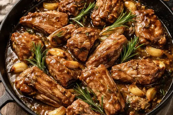 Succulento abbacchio alla romana in padella, con aglio e rosmarino, pronto per essere gustato.