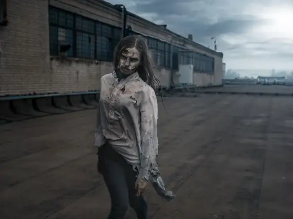 Przerażająca postać, jak z książek o zombie, stoi na dachu.