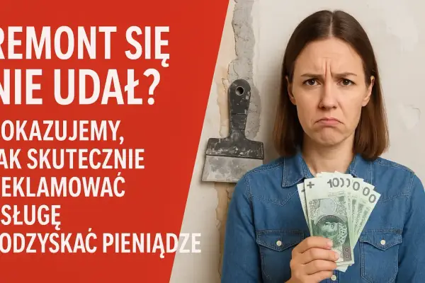Zmartwiona kobieta trzyma pieniądze po nieudanym remoncie. Dowiedz się, jak skutecznie reklamować usługę i odzyskać pieniądze, dbając o prawa konsumenta.