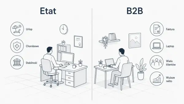 Porównanie etatu i B2B: stabilność, urlop, chorobowe kontra faktura, laptop, wielu klientów i wyższe netto. Umowa B2B oferuje większą elastyczność.