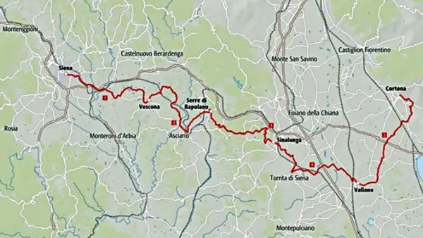 Mappa del percorso cicloturistico via Lauretana Toscana, da Siena a Cortona, con tappe segnate.