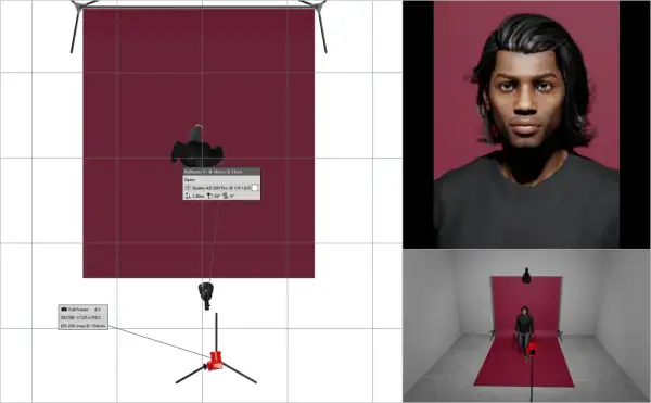 A 3D render shows a studio setup with a person walking towards a red backdrop. Broad lighting illuminates the scene, with camera settings displayed.