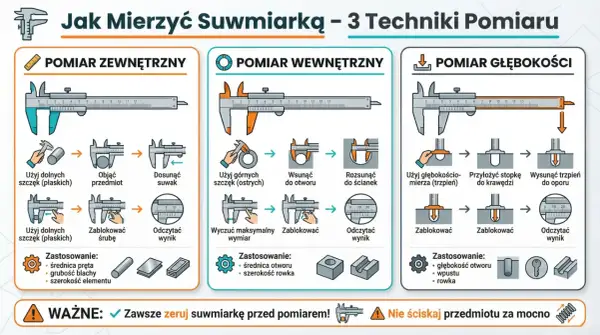 Ilustracja pokazuje, jak mierzyć suwmiarką: pomiar zewnętrzny, wewnętrzny i głębokości. Pokazuje kroki i zastosowania.
