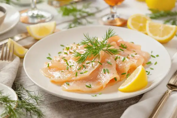 Délicieuse entrée avec truite fumée, garnie d'aneth frais et de fines herbes, accompagnée de quartiers de citron.