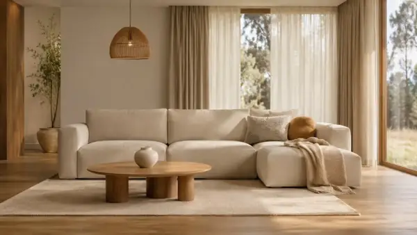 Przytulny salon beige z wygodną sofą, drewnianym stolikiem i plecioną lampą. Idealne miejsce na relaks.