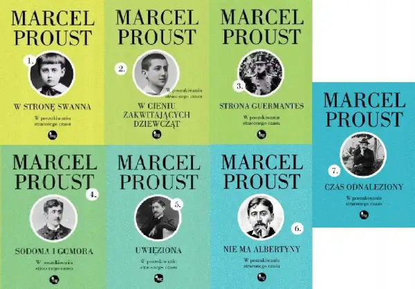 Kolekcja książek francuskiego pisarza Marcela Prousta, z jego portretami na okładkach.