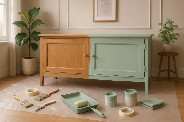 Buffet en bois, moitié peint en vert pastel, entouré d'outils de peinture. Une touche de deco avec bois.