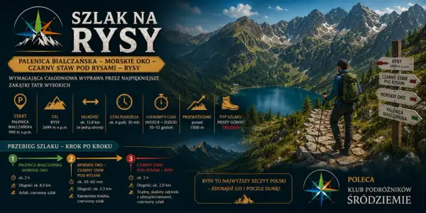 Wędrówka na Rysy od strony polskiej: szlak przez Morskie Oko i Czarny Staw. Trudna, całodniowa wyprawa.