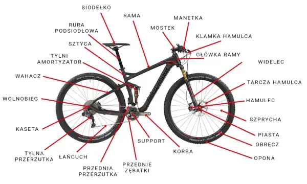 Schemat budowy roweru górskiego z oznaczeniami: rama, widelec, amortyzator, hamulce, przerzutki, koła i inne części.