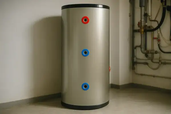 Duży zasobnik wody, idealny jako bufor do domu 150m2. Widoczne przyłącza i instalacja grzewcza.