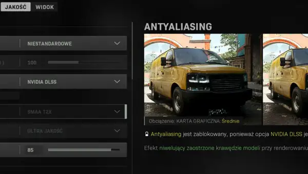 Ustawienia grafiki w Call of Duty: Warzone. Antyaliasing zablokowany z powodu NVIDIA DLSS. Sprawdź wymagania gry.