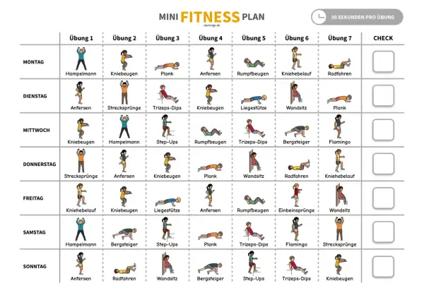 Wochenplan für Krafttraining zu Hause mit verschiedenen Übungen wie Hampelmann, Kniebeugen und Plank.