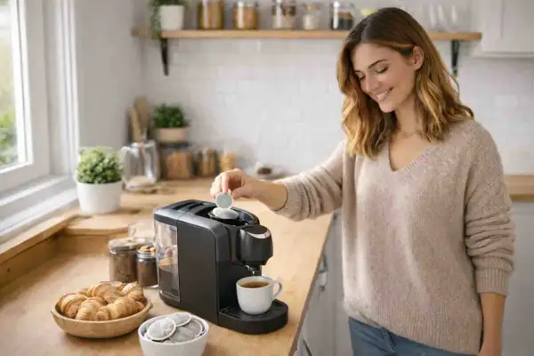 Donna prepara un caffè americano con la macchina a capsule, un'ottima idea per iniziare la giornata.