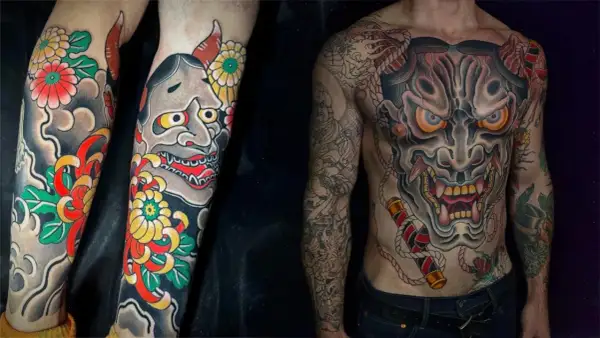 Tatuaże z Hannya, demoniczne maski o groźnym wyrazie, symbolizujące zazdrość i gniew, ozdabiają ciało mężczyzny. Ich znaczenie jest głębokie.