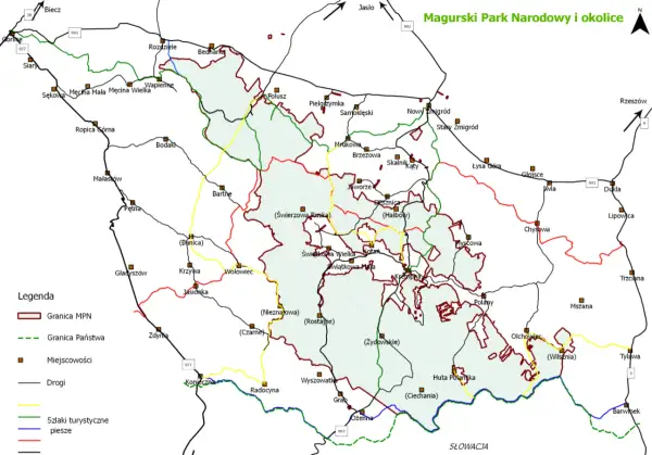 Mapa Magurskiego Parku Narodowego z zaznaczonymi szlakami turystycznymi, drogami i miejscowościami.