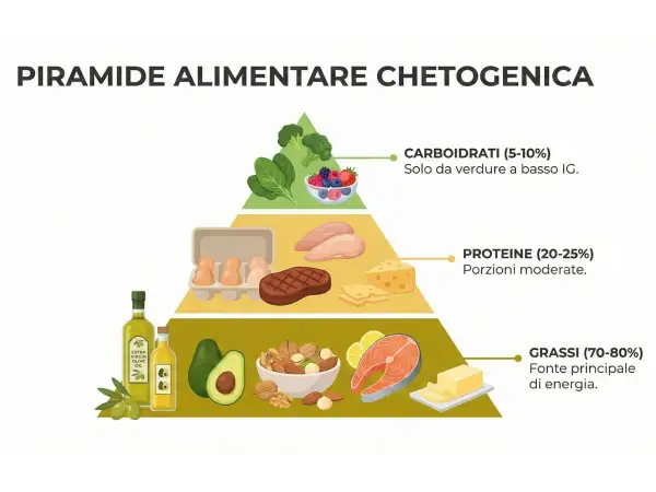 Piramide alimentare chetogenica: grassi (70-80%), proteine (20-25%), carboidrati (5-10%). Valuta i pro e contro di questa dieta.