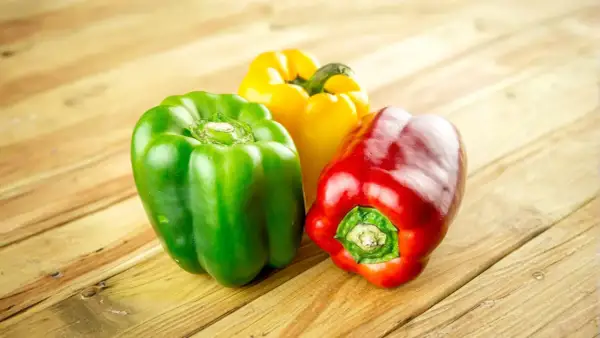 Tres pimientos de colores (rojo, verde y amarillo) sobre una mesa de madera. Los perros pueden comer pimiento, ¡una opción saludable!