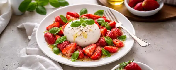 Cremige Burrata mit frischen Erdbeeren und Basilikum, beträufelt mit Olivenöl. Ein leichter Genuss!