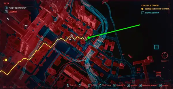 Mapa w grze cyberpunk, gdzie jest Johnny? Zielona strzałka wskazuje drogę do celu misji "Komu bije dzwon".
