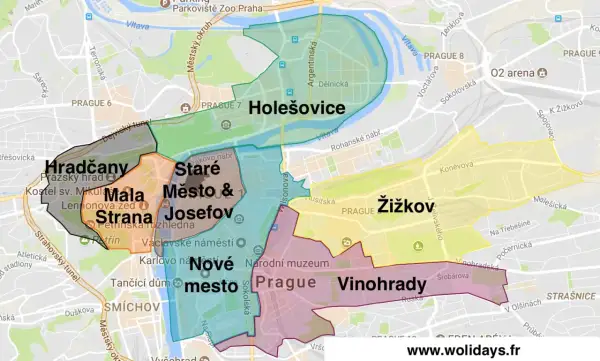Carte des quartiers de Prague : Hradčany, Malá Strana, Staré Město, Josefov, Nové Město, Vinohrady, Žižkov, Holešovice.