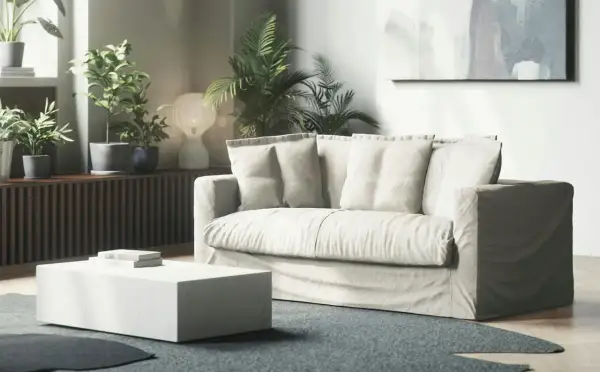 En ljus soffa med lösa dynor i ett modernt vardagsrum. Kanske dags att fixa nedsuttna soffdynor för att ge den nytt liv?