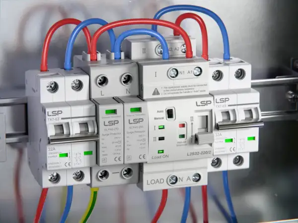 Instalacja elektryczna z zabezpieczeniami przeciwprzepięciowymi i wyłącznikami, gdzie widać różnicę między przekaźnikiem a stycznikiem.