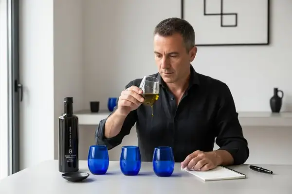 Uomo degusta un prezioso olio verde, valutandone la qualità. Sul tavolo, una bottiglia scura e bicchieri blu cobalto.
