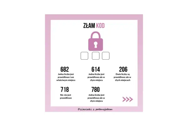 Grafika przedstawia zagadkę matematyczną z hasłem "Złam kod", kłódką i polami na cyfry.