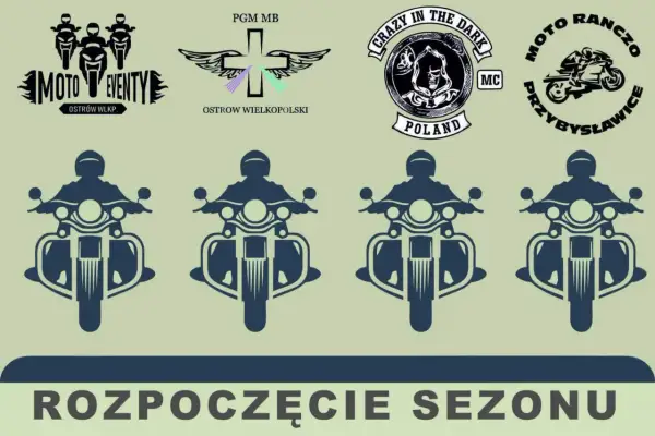 Grafiki motocyklowe i napisy "Rozpoczęcie sezonu". Czas na jazdę!