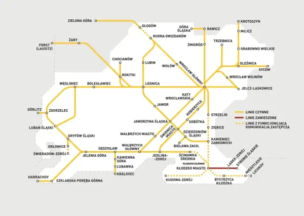 Mapa kolejowa Dolnego Śląska. Nowy rozkład PKP Głogów uwzględnia linie czynne i zawieszone.