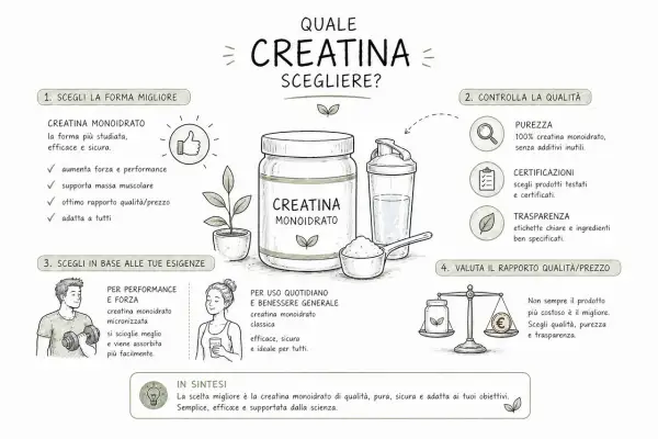 Guida su quale creatina scegliere: la creatina monoidrato è la forma più studiata, pura e sicura.