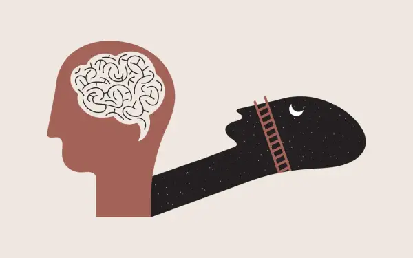 En stiliserad profil av ett huvud med en hjärna inuti. En skugga av huvudet sträcker sig ut, fylld av stjärnor och en måne, med en stege som leder uppåt. Symboliserar att minska stress genom att nå nya höjder.