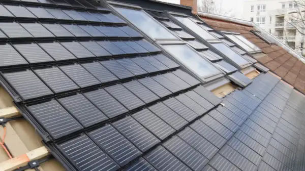 Dach renovieren kosten: Solarmodule werden auf einem Dach mit Dachfenstern installiert.