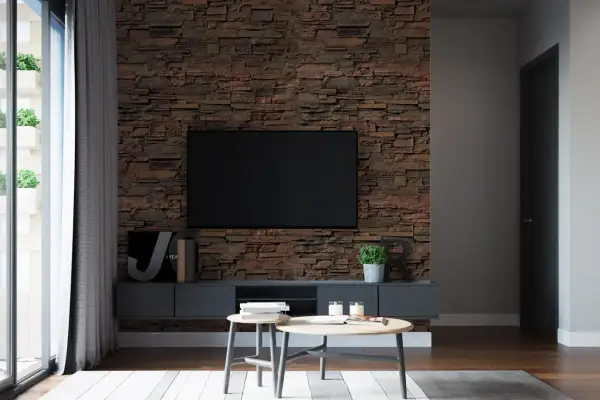 Un salon moderne avec un mur en pierre texturé derrière une TV. Des tables basses en bois et des plantes apportent une touche chaleureuse.