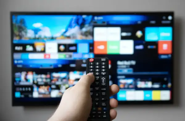 Dłoń trzymająca pilot do telewizora na tle ekranu z menu.
