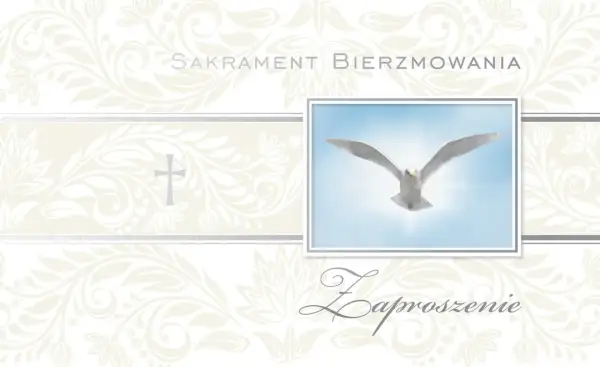 Eleganckie zaproszenie na bierzmowanie z motywem gołębicy i krzyża. Tekst zaproszenia ozdobiony jest subtelnymi wzorami.