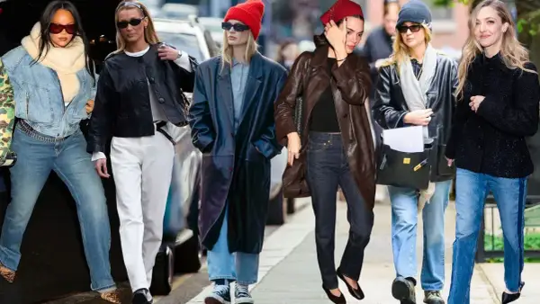 Sei donne sfoggiano outfit texani e jeans in varie tonalità, da quelle chiare a quelle scure, con giacche in pelle e cappotti.
