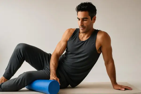 Uomo con rullo blu per massaggio muscolare, affronta il dolore dopo stretching.